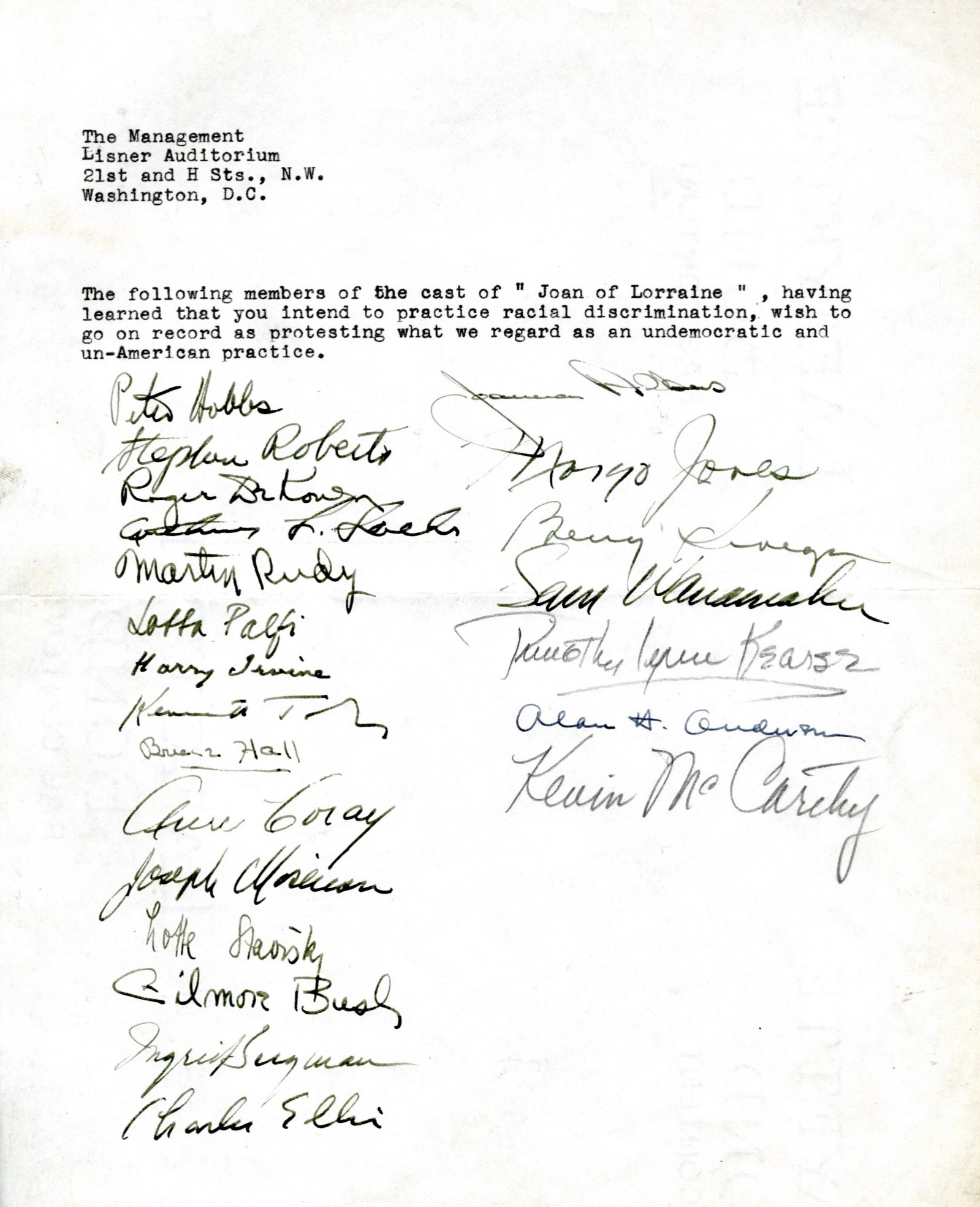 A typed and handwritten document. The petition is signed by such cast members as Ingrid Bergman and Kevin McCarthy.