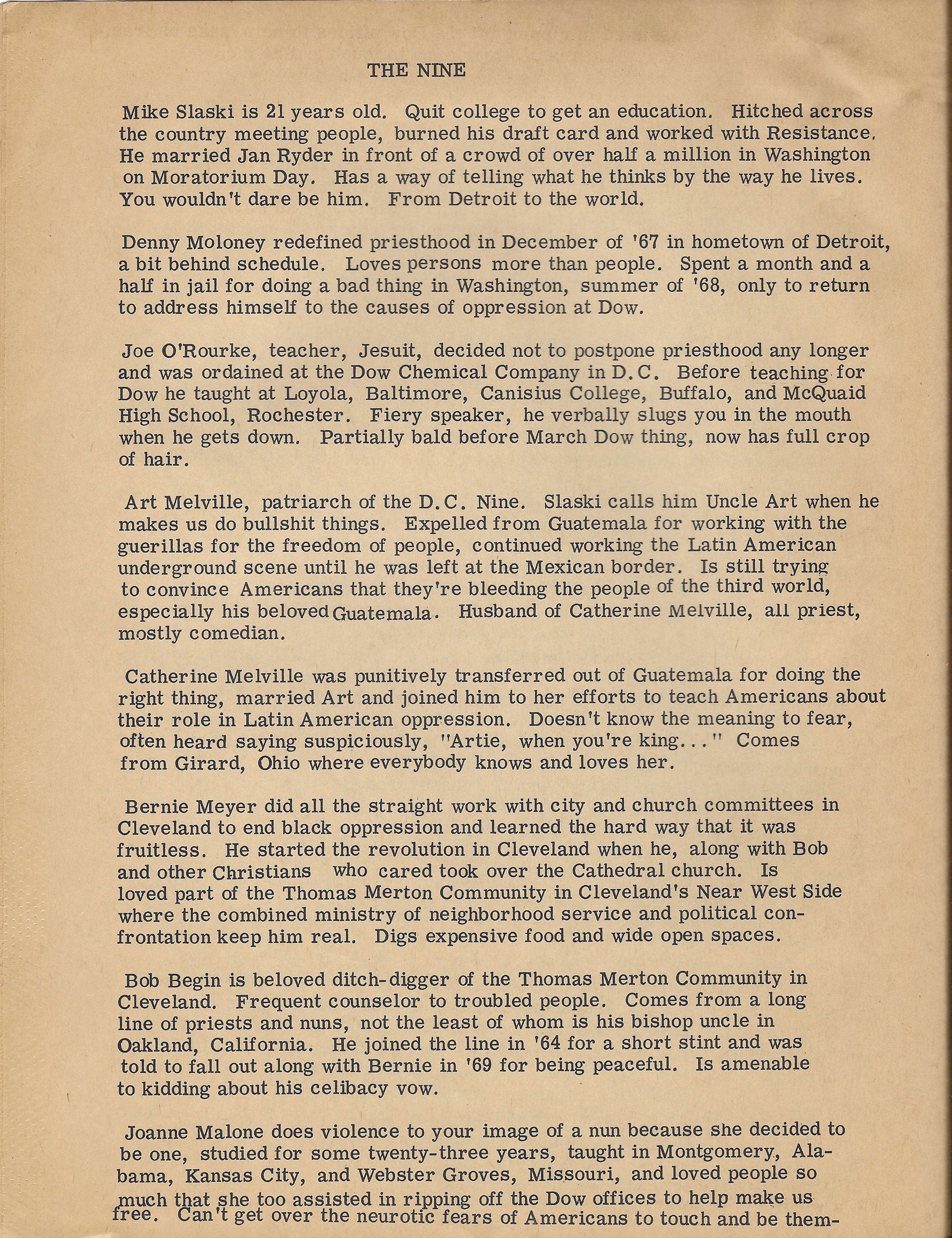 D.C. 9 Autobiographies  Witty biographies of the D.C. 9 included in a pamphlet given to the press (courtesy of Joann Malone)