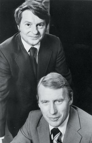 Robert MacNeil and Jim Lehrer worked all-hours in the summer of 1973 hosting public television's coverage of the Senate Watergate hearings from the WETA studios in Shirlington. (Photo source: WETA Archives)