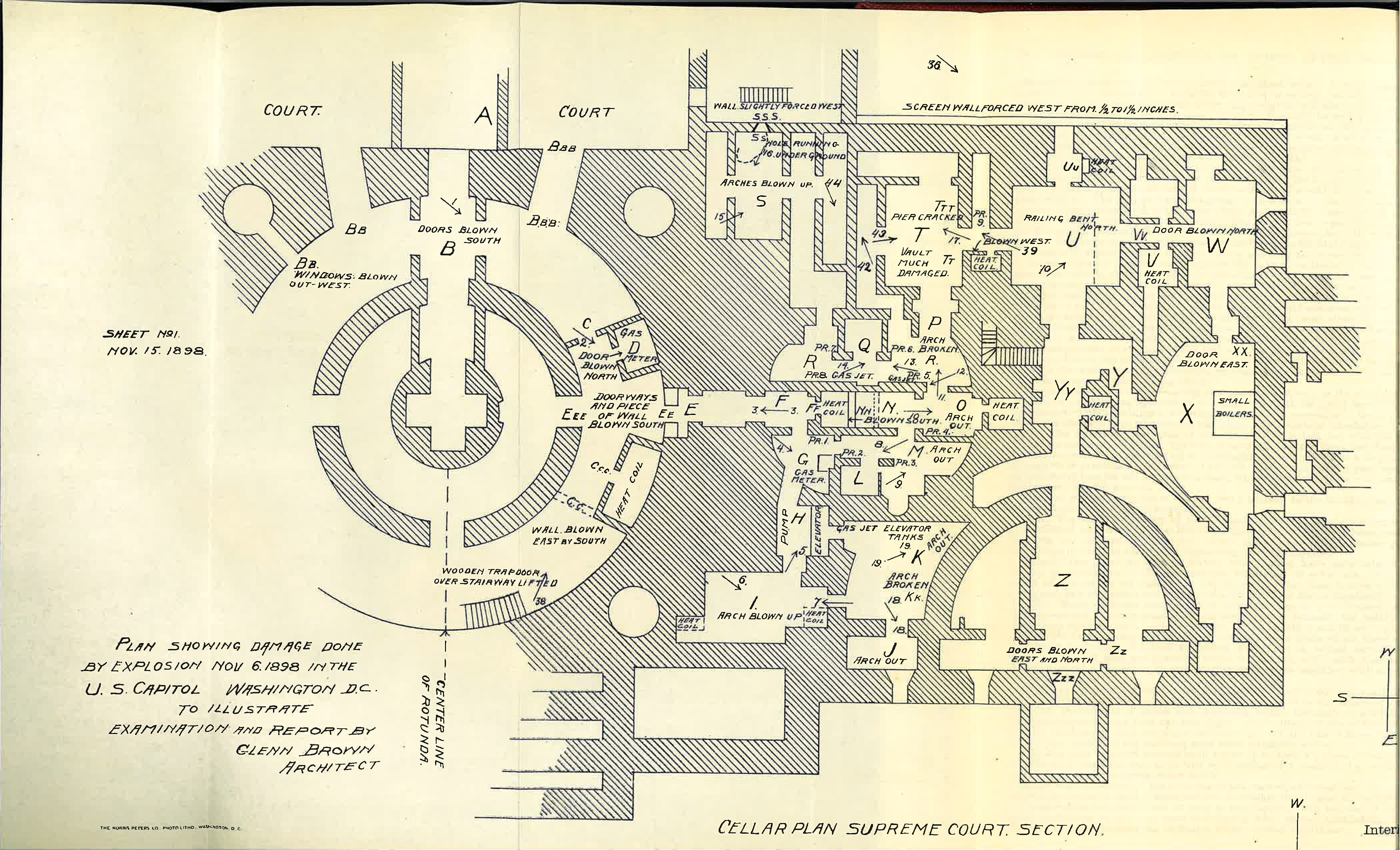 Floor plan of the US Capitol's cellar, depicting damage from 1898 gas explosion.