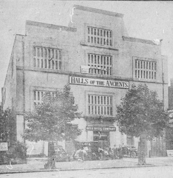 A newspaper image of the Hall of the Ancients in 1907, after it had been converted into a garage. The old entrance sign can still be seen over the facade.