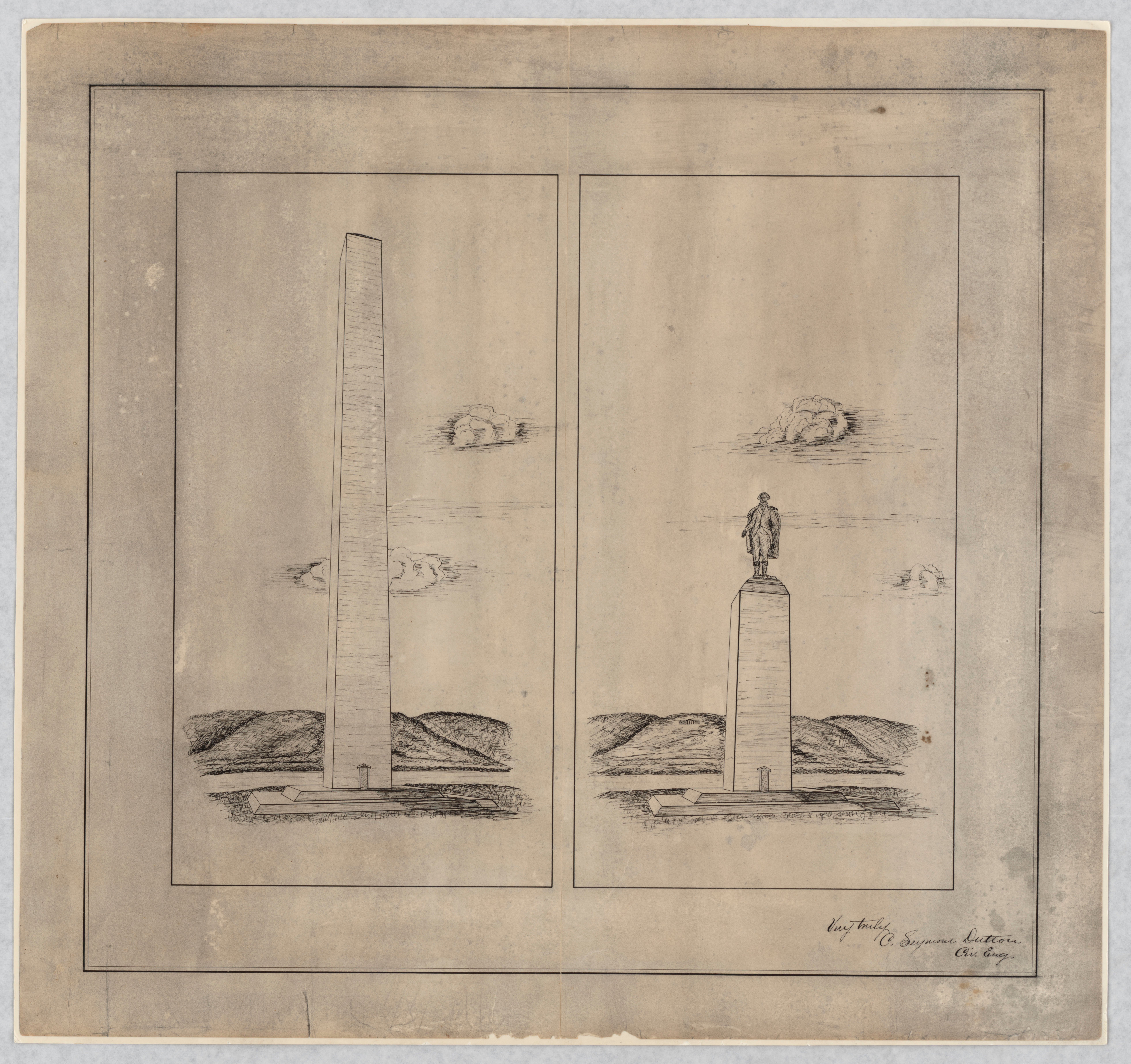 a design proposing to cap the half-built washington monument obelisk with a large statue of George Washington