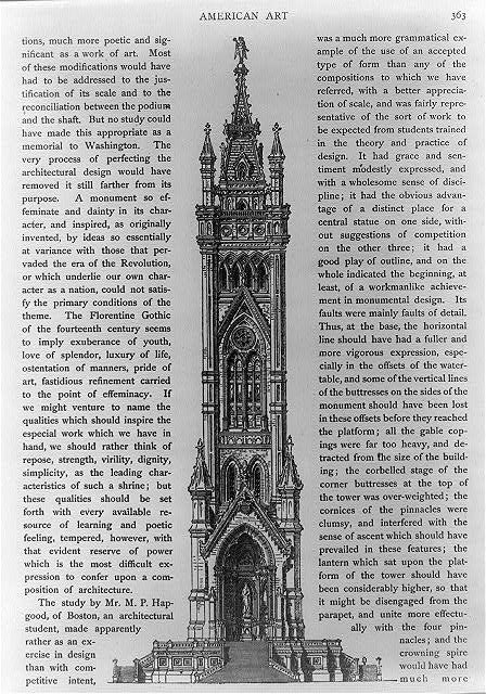 A design for the monument in the style of a richly ornamented Gothic tower, similar to a vertical cathedral.