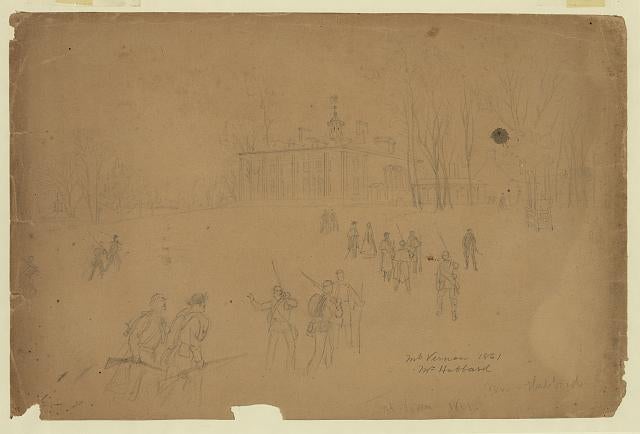 A pencil sketch showing the mansion in the background with soldiers in winter uniforms and carrying their kits wandering the grounds