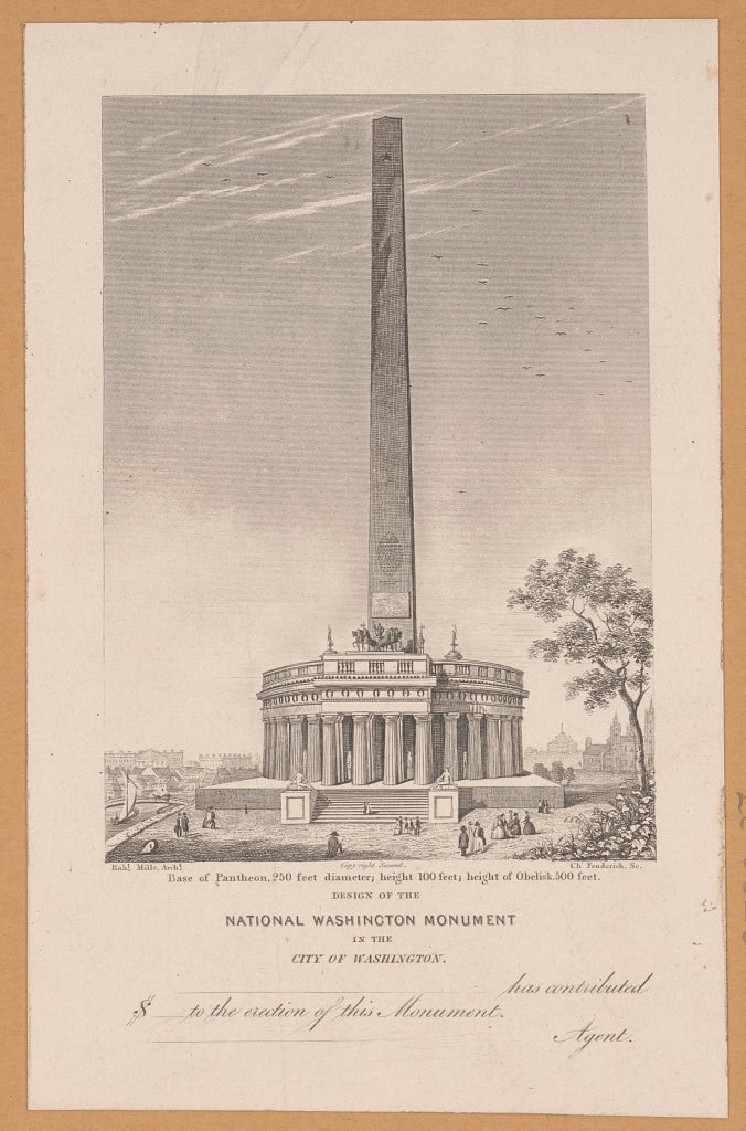 Mills' original design featuring a tall obelisk with a Classical colonnade beneath it