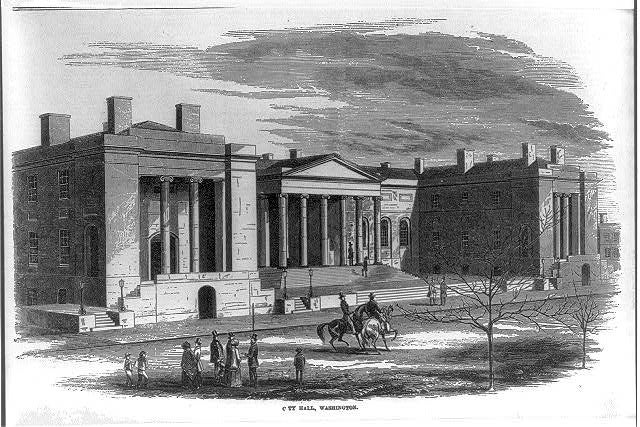 A sketch of the old district courthouse-city hall, with the columns of the court in center view.
