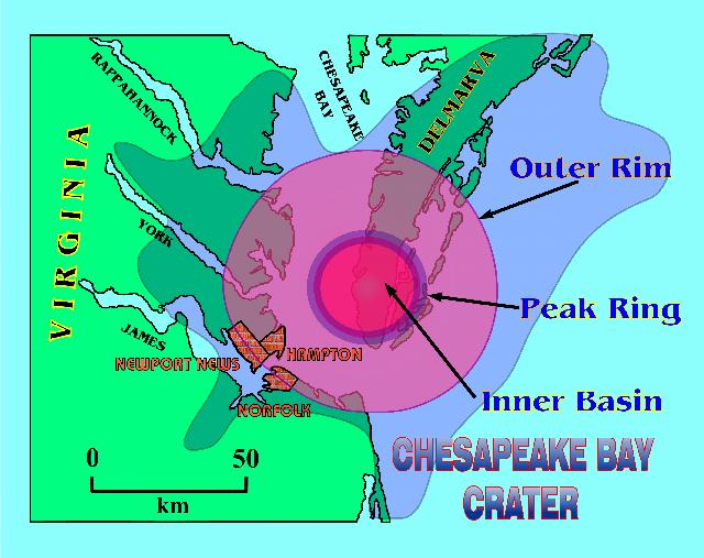 Map of Chesapeake Bay with red circles around Cape Charles, tip of Calvert Peninsula, showing site of asteroid impact.