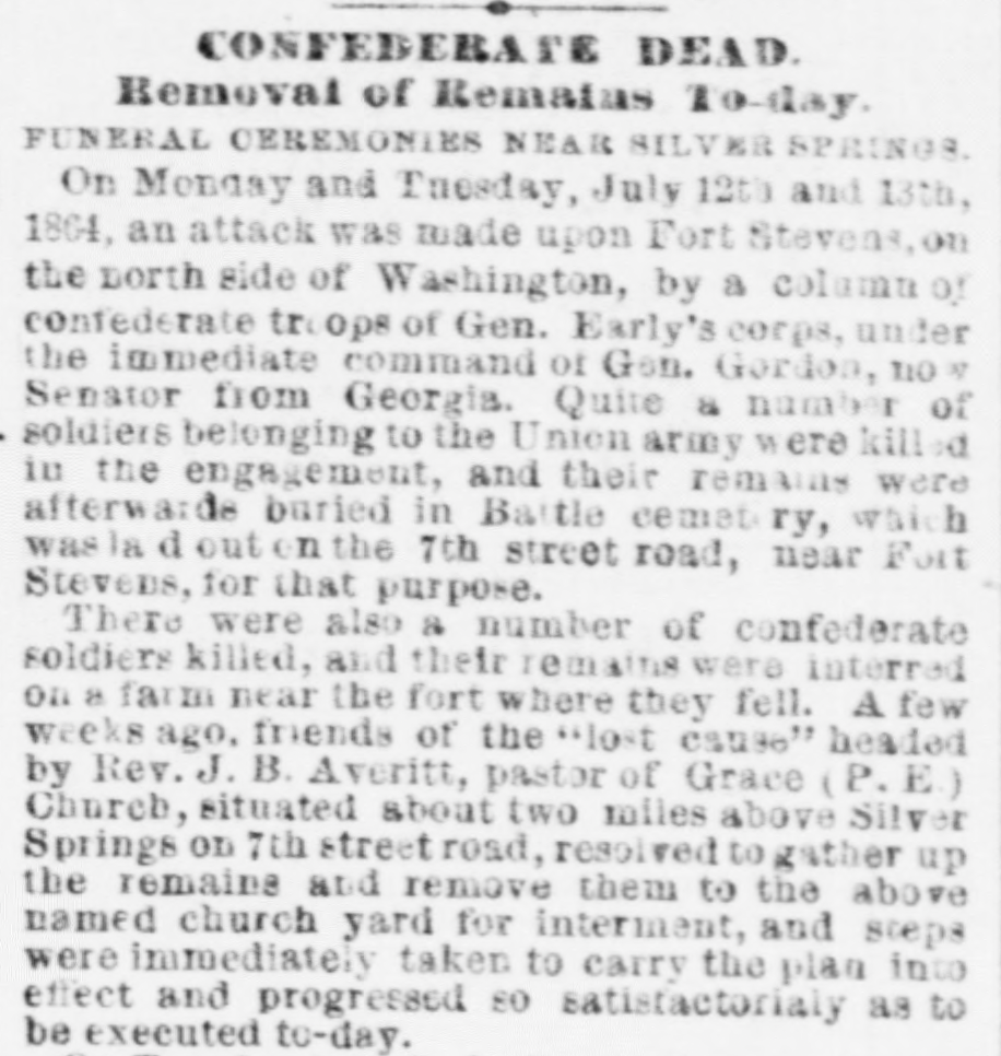 Screenshot of December 11, 1874 Evening Star article "Confederate Dead Removal of Remains Today"