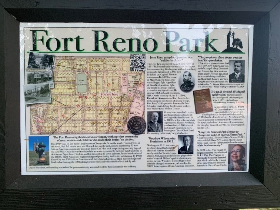 An informational sign at Fort Reno Park with a historic map of the neighborhood.