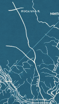 A close-up of a road drawn in white on a blue background. 