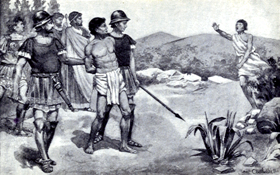 Black and white drawing of a bare-chested restrained man being led away by armored Greek soldiers, their attention drawn to another toga-clad man calling in distress from afar.