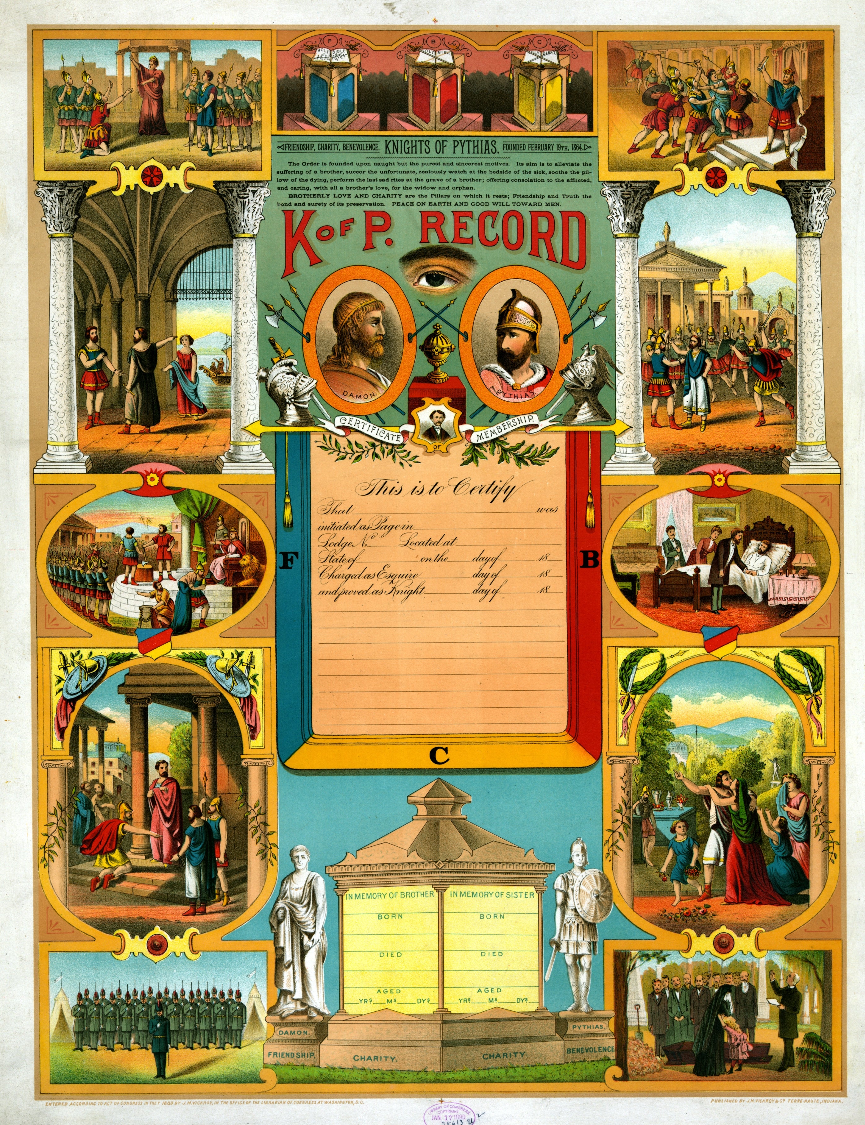 Late 19th-century membership certificate with colorful illustrations of ancient Greek military imagery, with spaces for signatures.
