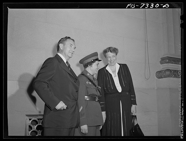Russian delegate with Mrs. Roosevelt and Justice Robert Jackson is Liudmila Pavlichenko