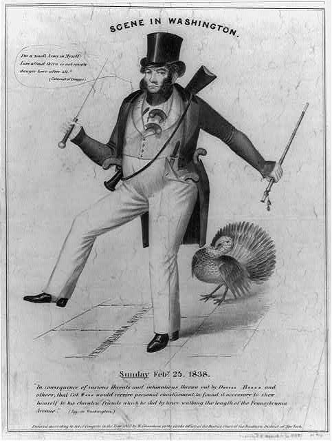 James Watson Webb is depicted in a suit and hat, bearing a cane in his left hand and a sword in his right. There is a rifle strapped to his back and a turkey following behind him. He is depicted stating, "I'm a small Army in Myself: I am afraid there is not much danger here after all."
