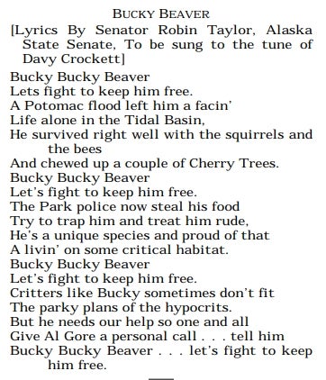 A Screenshot of a transcript from the House of Representatives with the lyrics to Bucky Beaver, a parody of the song Davey Crocket, written on it.