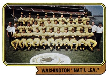 Baseball card featuring the 1974 Padres team labeled as the "Washington Nat'l Team" in anticipation of their move to D.C.