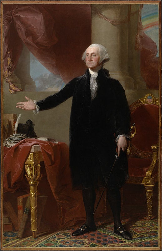 Painting of George Washington in a black suit and white collar with his hand outstretched. Behind him is a ornate gold table and chair with red cloth, and large red curtains on marble pillars.