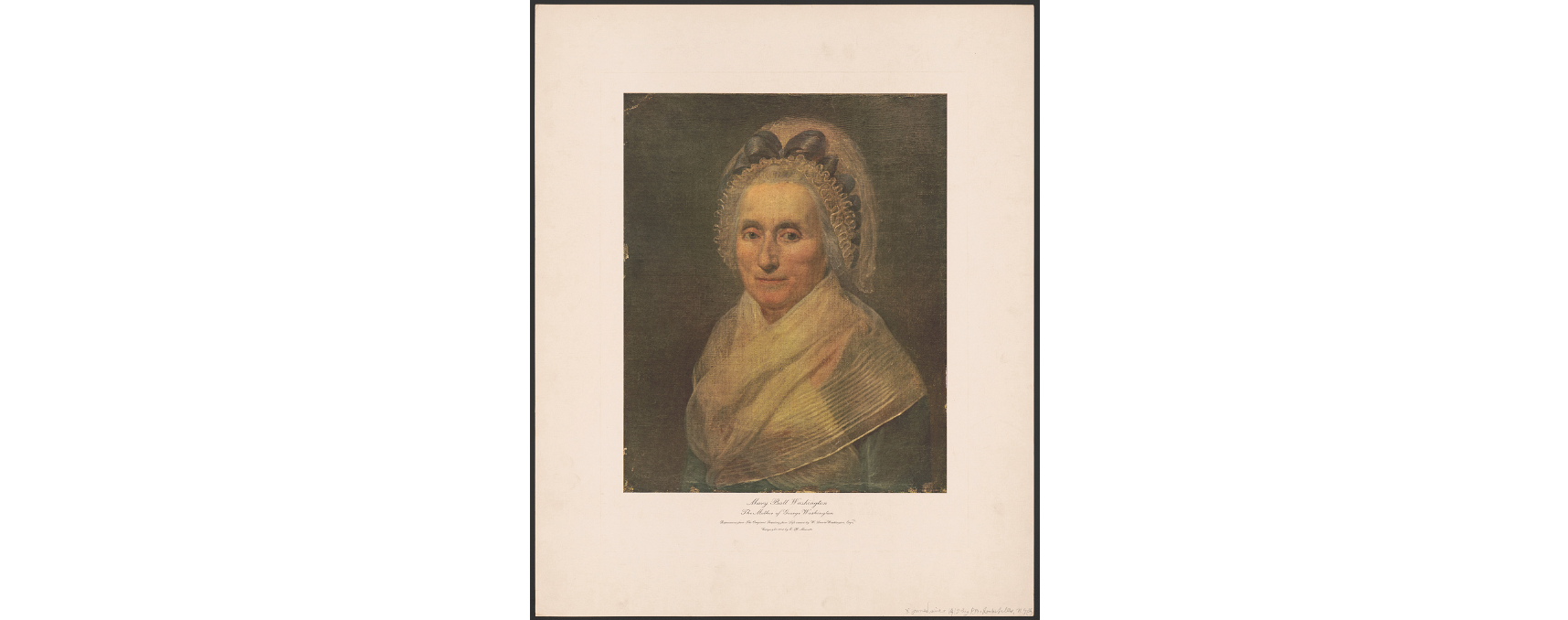 Portrait of an old woman dressed in a simple blue dress and white translucent shawl and white bonnet. The woman is looking forward with a slight smile.