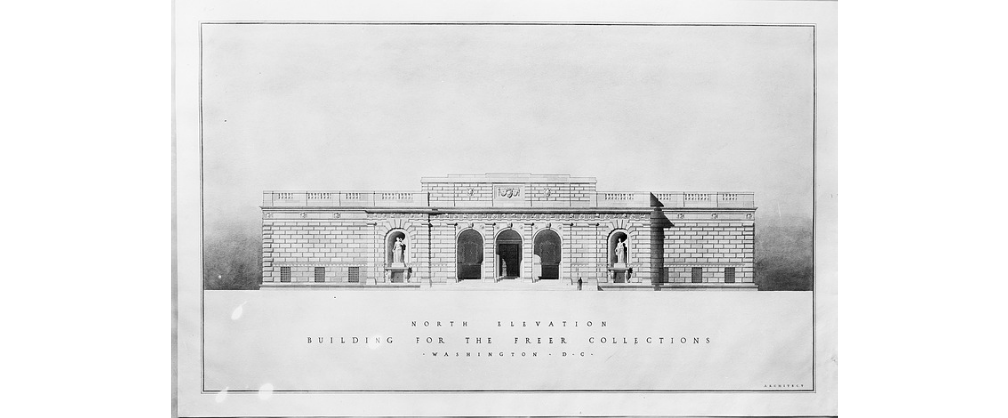 Pencil sketch of a stone building with three arches in the middle. 