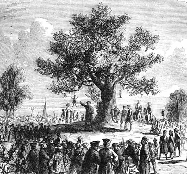 Black and white print of tree with crowd gathered around it.