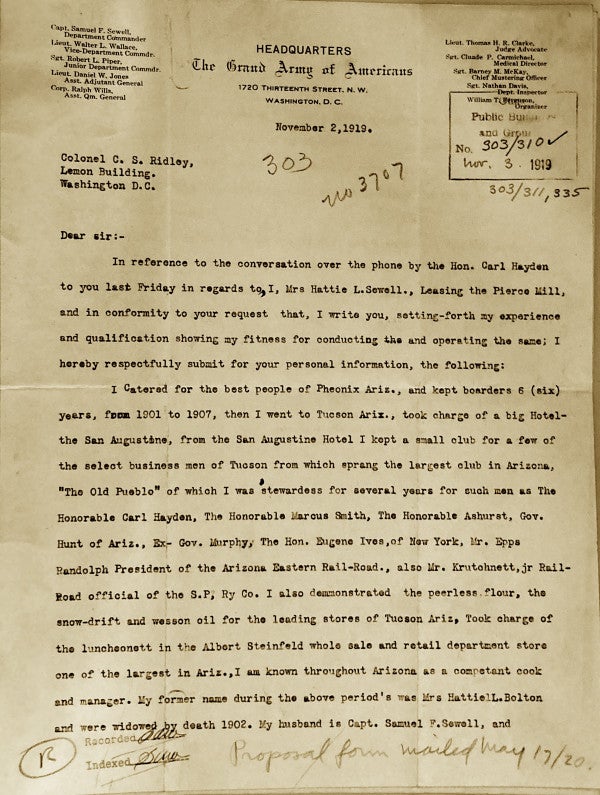 A typewritten letter from Hattie Sewell