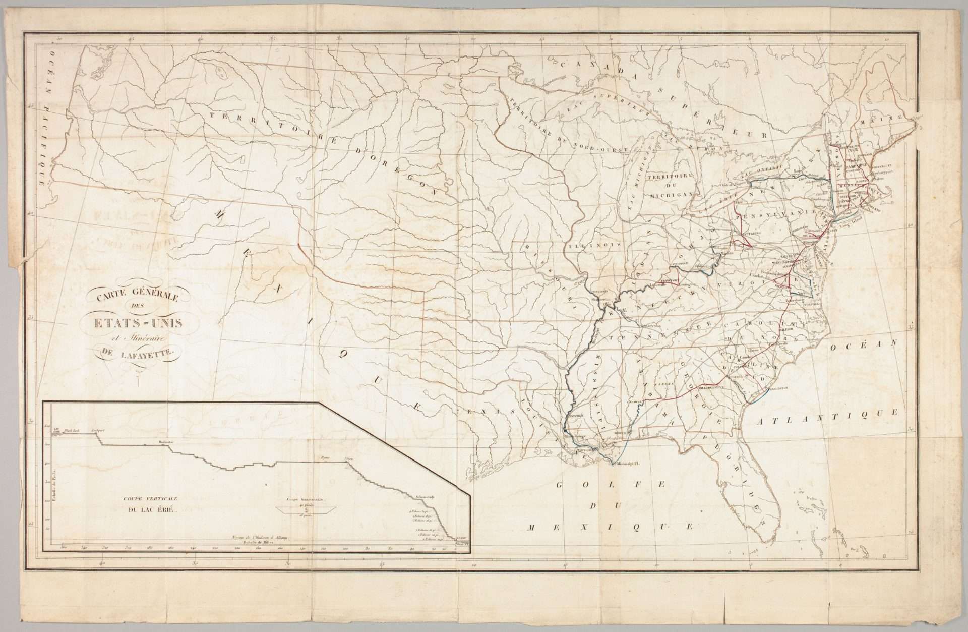 An 1829 map showing the route that Lafayette took through the United States. Source: Encyclopedia Virginia