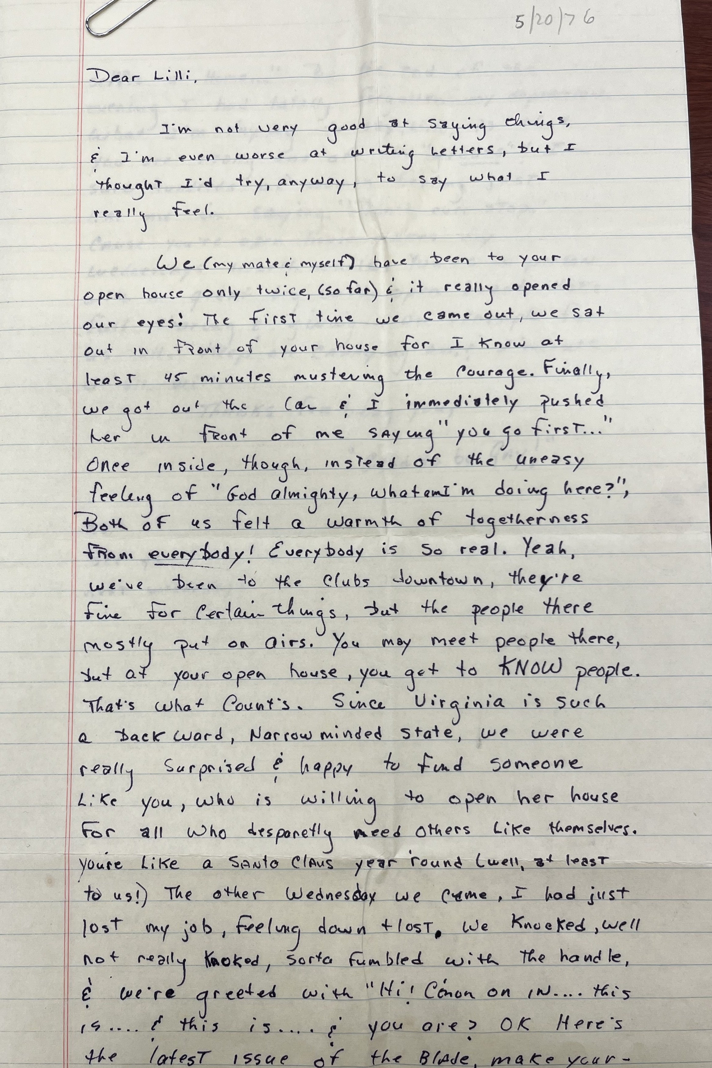 A thank you note written to Lilli on a legal pad