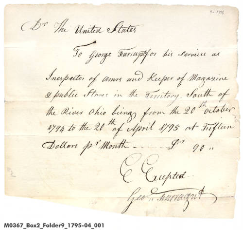 	 Documents orders payment of ninety dollars to George Farragut for services as inspector of arms and keeper of magazine and public stores in the territory south of the Ohio River from October 1794 to April 1795.