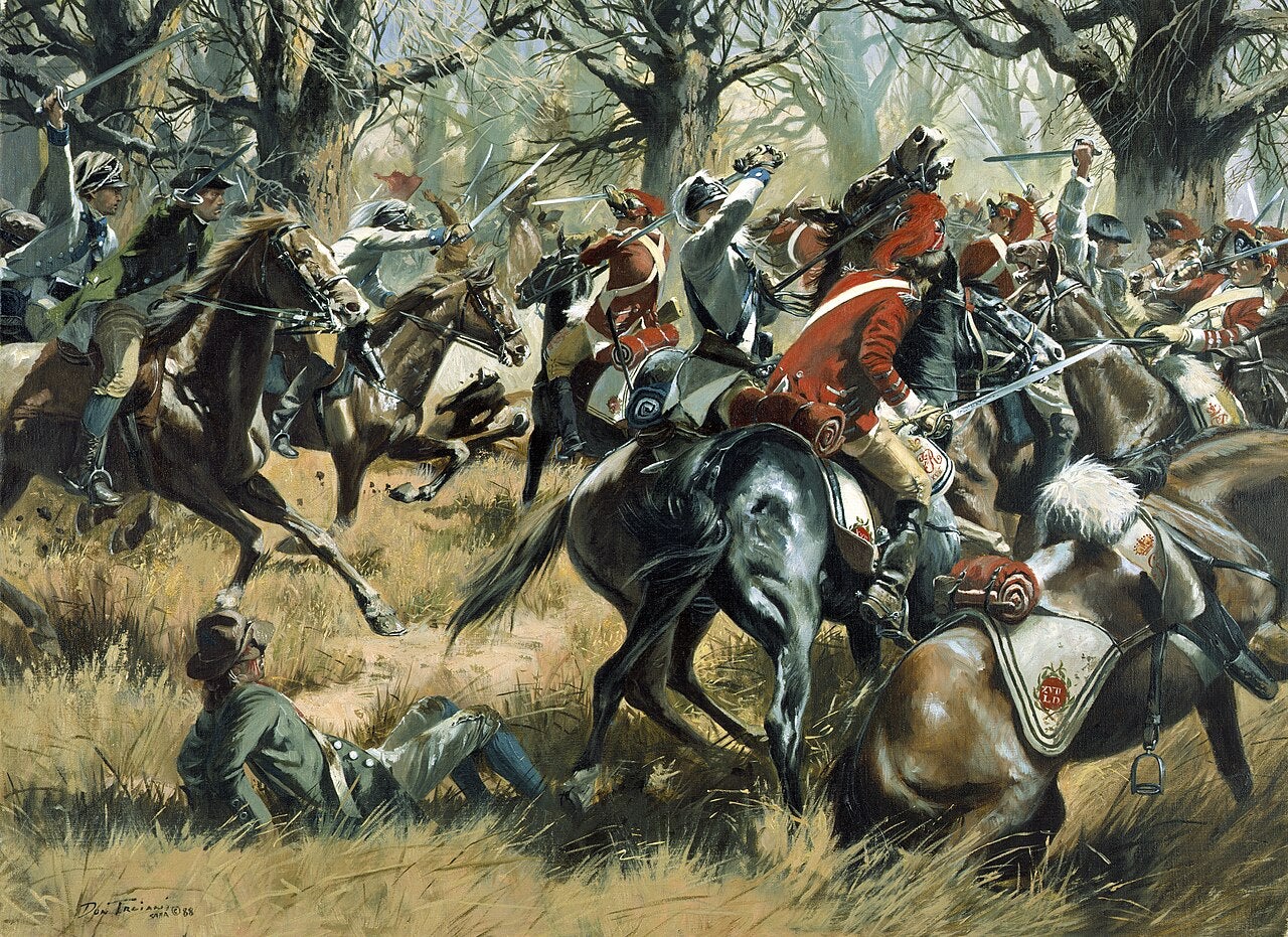 Revolutionary War and British soldiers fighting on horseback in the woods