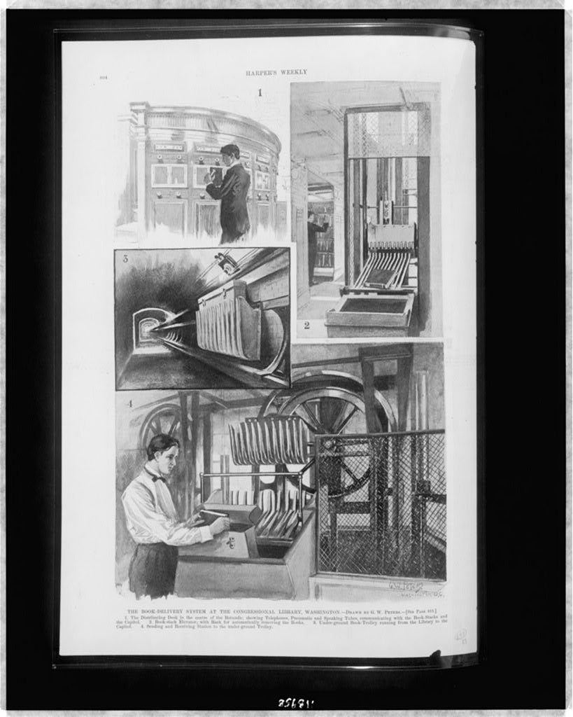 “The Book-Delivery System at the Congressional Library, Washington,” 1897 (Photo Source: The Library of Congress). “The Book-Delivery System at the Congressional Library, Washington.” 1897. Still image. 1897. //www.loc.gov/pictures/item/97517986/. “The Book-Delivery System at the Congressional Library, Washington,” 1897 (Photo Source: The Library of Congress). “The Book-Delivery System at the Congressional Library, Washington.” 1897. Still image. 1897. //www.loc.gov/pictures/item/97517986/.