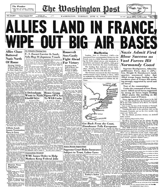 Front page of Washington Post, June 6, 1944. Front page of Washington Post, June 6, 1944.