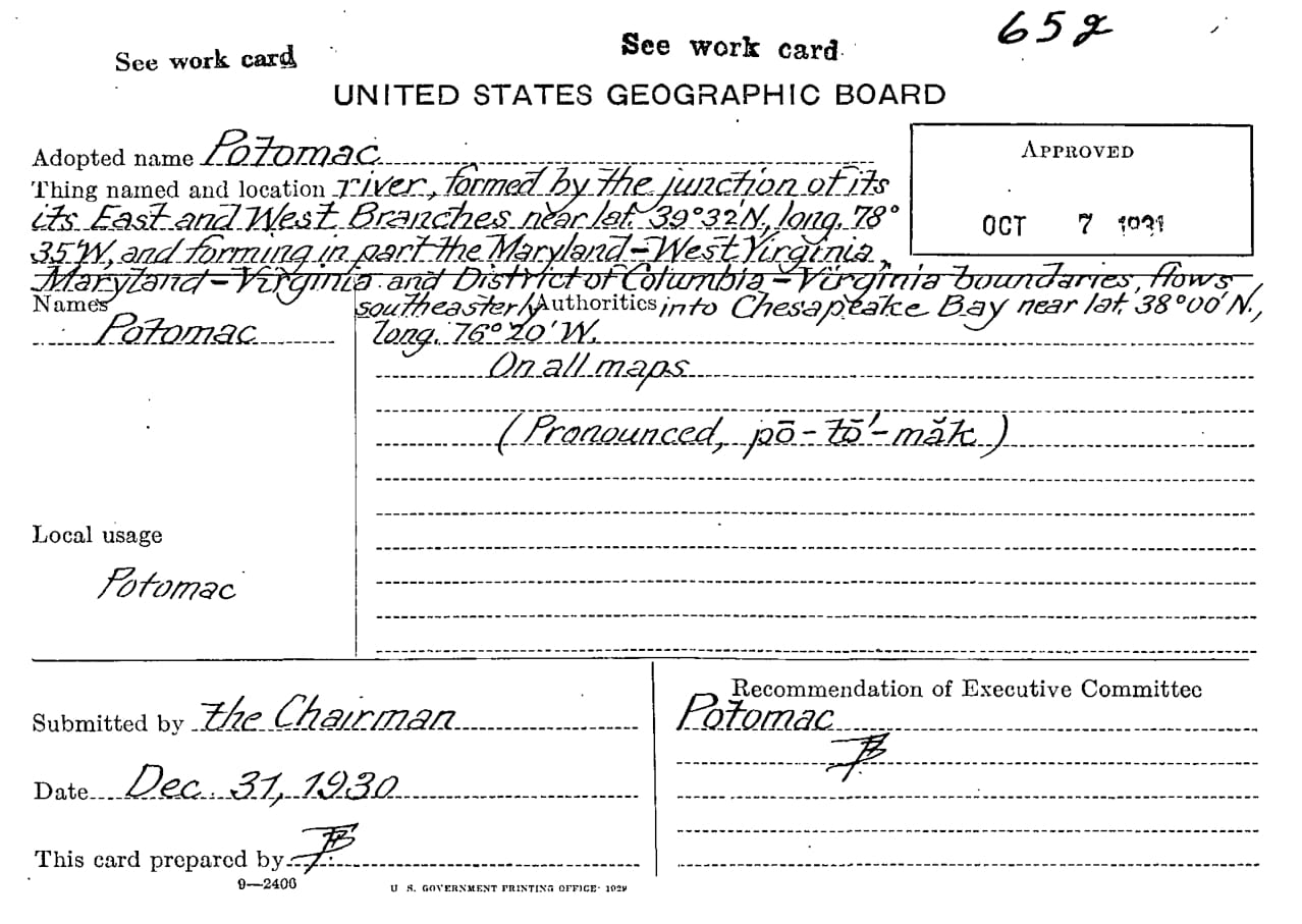 Decision card on the Potomac River from the US Board of Geographical Names 