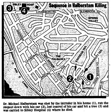 Evening Star illustration of Palisades neighborhood in Northwest Washington showing the sequence of events that led to Dr. Michael Halberstam's death and Bernard Welch's capture on December 5, 1980. (Reprinted with permission of the DC Public Library, Star Collection, © Washington Post.) Evening Star illustration of Palisades neighborhood in Northwest Washington showing the sequence of events that led to Dr. Michael Halberstam's death and Bernard Welch's capture on December 5, 1980. (Reprinted with permission of the DC Public Library, Star Collection, © Washington Post.)