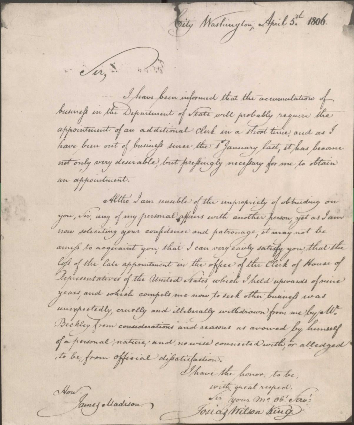 Letter to James Madison from Josias Wilson King, 5 April 1806. (Source: Library of Congress)  Letter to James Madison from Josias Wilson King, 5 April 1806. (Source: Library of Congress)