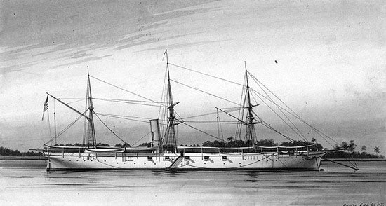 The U.S.S. Pawnee was the target of Col. Richard Thomas Zarvona's creative piracy plot in the summer of 1861. (Photo source: Wikipedia) USS Pawnee (Photo source: Wikipedia)