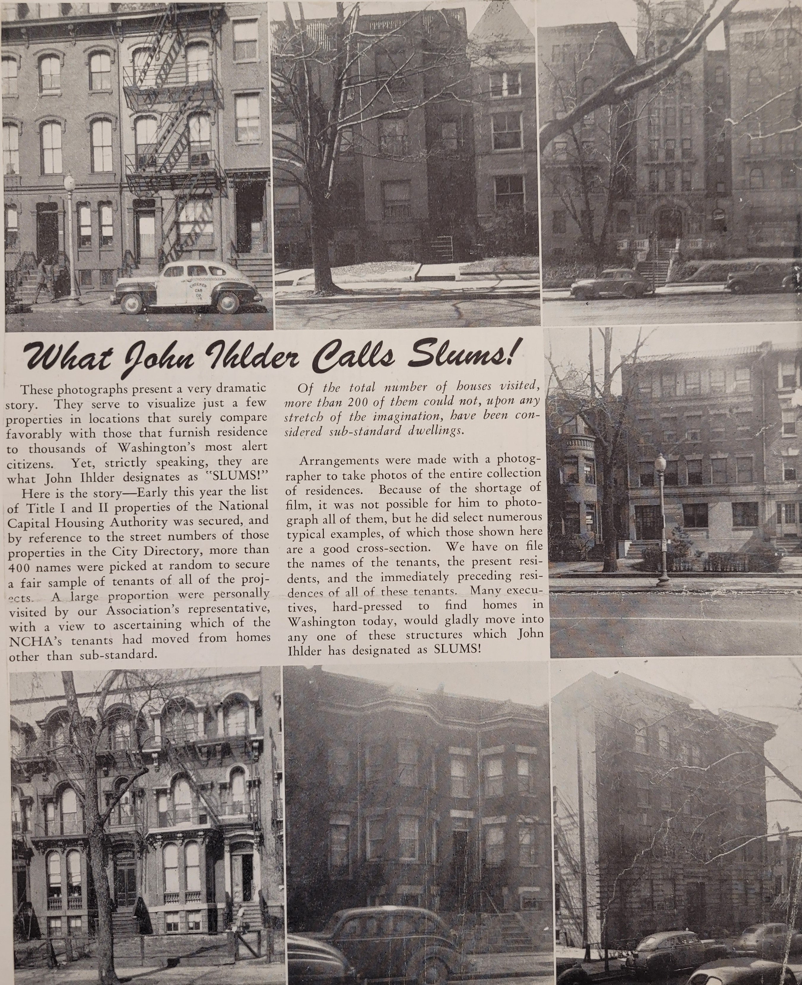 Page from the Home Builders Monthly criticizing John Ildher, featuring images of Washington "slums" Page from the Home Builders Monthly criticizing John Ildher, featuring images of Washington "slums"