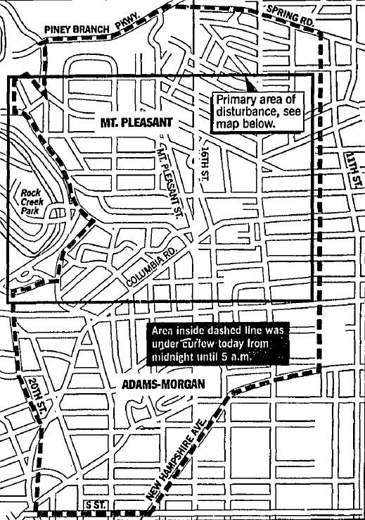 Map showing curfew area implemented by Mayor Dixon and the Metropolitan Police Department during riots. (Source: Washington Post, May 7, 1991)