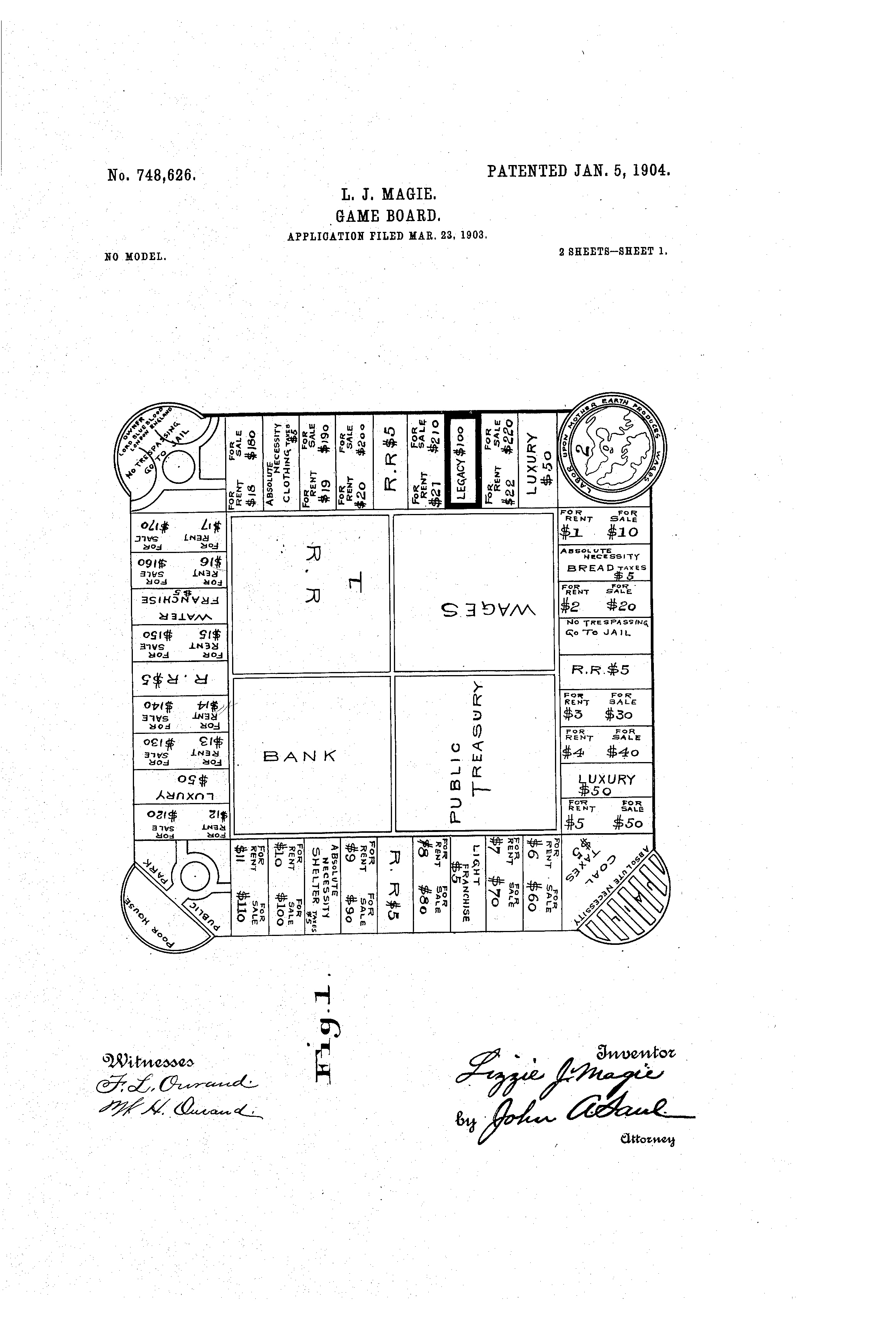 Illustration from Magie’s patent. Many of the features of Monopoly can be clearly seen in her game, including Jail, Railroads, and the Luxury Tax. (Image source: U.S. Patent Office.) Illustration from Magie’s patent. Many of the features of Monopoly can be clearly seen in her game, including Jail, Railroads, and the Luxury Tax. (Image source: U.S. Patent Office.)
