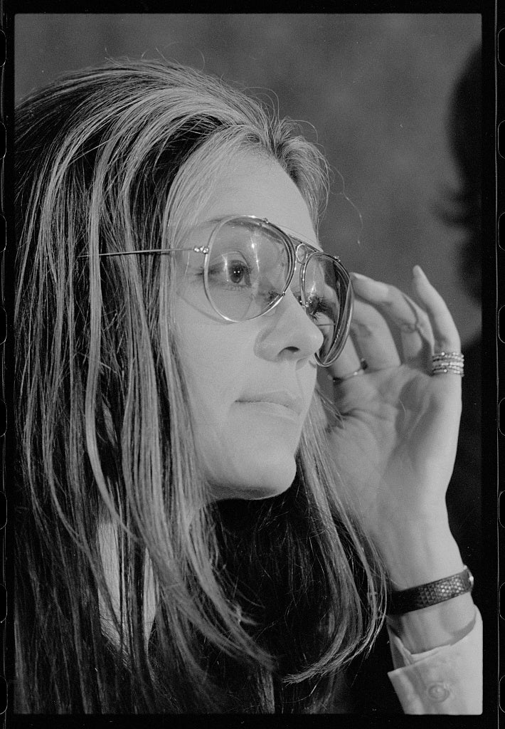 Gloria Steinem at news conference, Women's Action Alliance Gloria Steinem at news conference in January 1972.