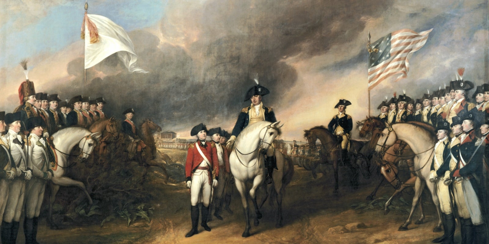 Painting of George Washington on white horse with British soldiers walking alongside. Groups of soldiers stand on either side of the frame.