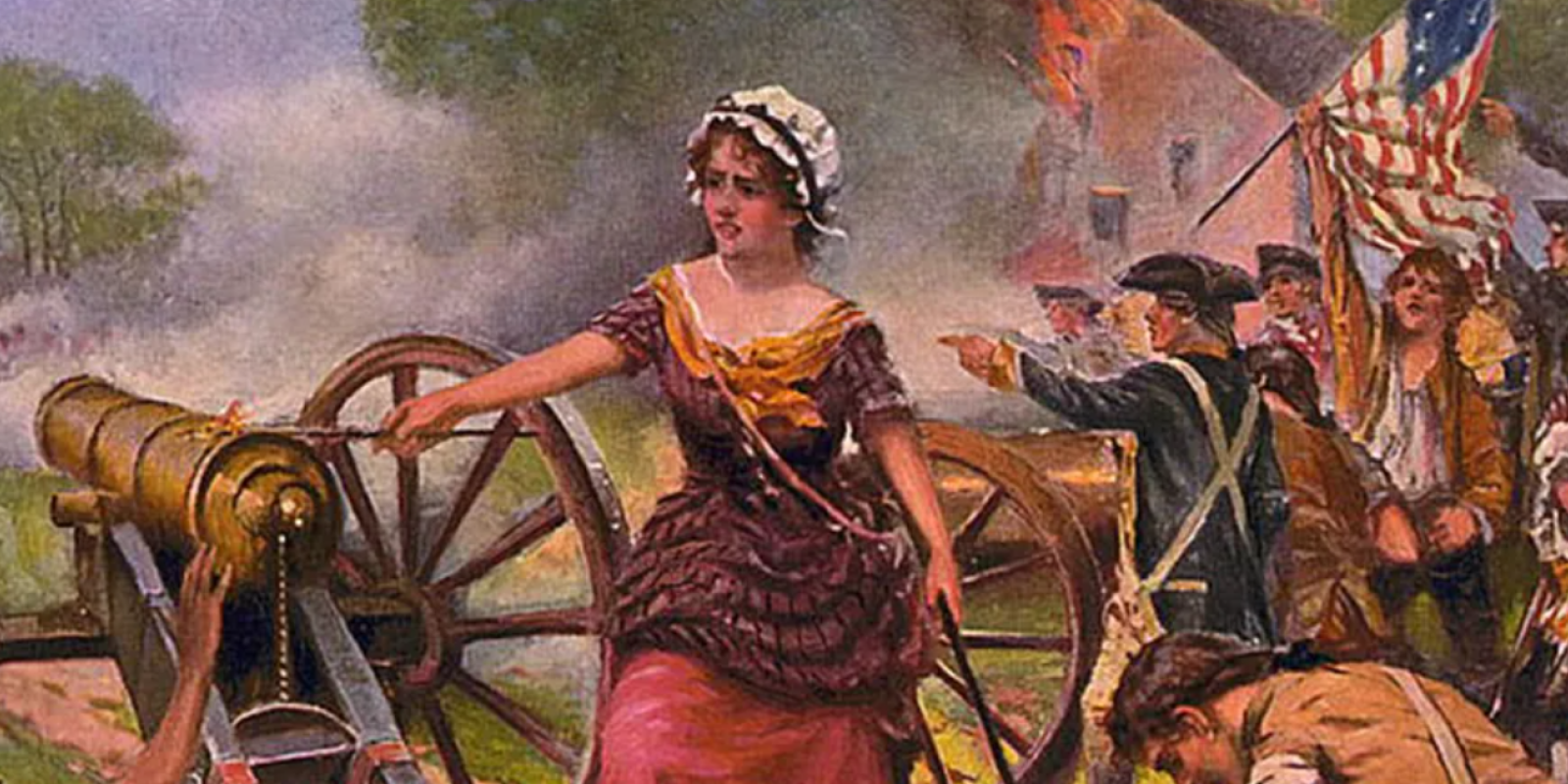 A woman firing a cannon during a Revolutionary War battle.