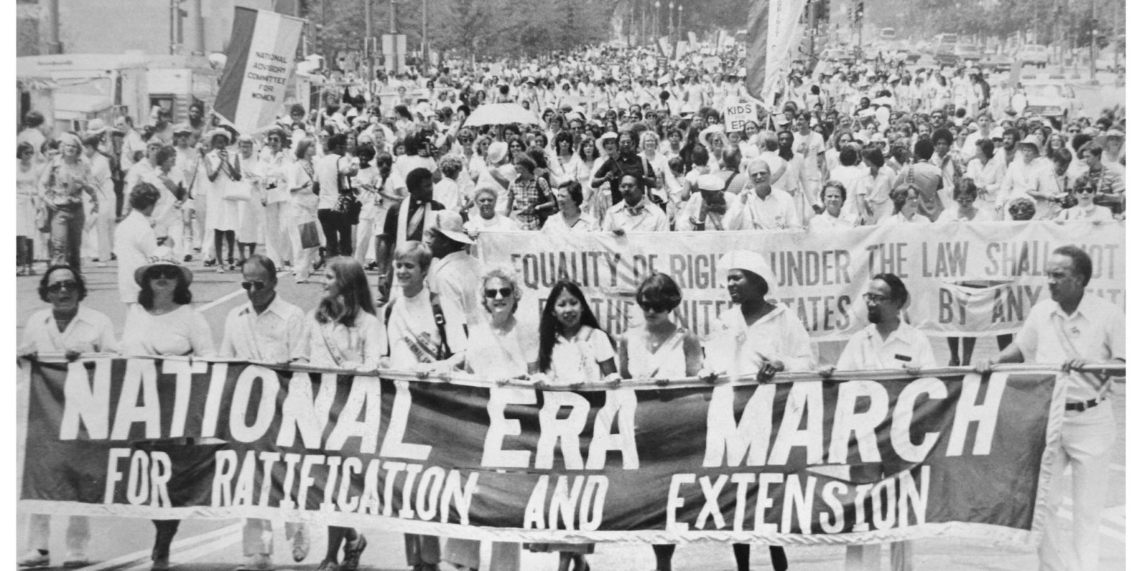 The lead contingent of an Equal Rights Amendment demonstration proceeds down Pennsylvania Avenue toward the U.S. Capitol on July 9, 1978.
