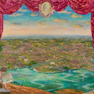 “The Indispensable Plan: 1791”  A painted portrait of what DC would have looked like if the city was laid out  exactly to L’Enfant’s plans. The image has red painted curtains framing  a familiar DC but with key differences. The colors are vibrant but there are a lack of people. 