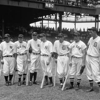 Seven of the American League All-Star players, from left to right Lou Gehrig, Joe Cronin, Bill Dickey, Joe DiMaggio, Charlie Gehringer, Jimmie Foxx, and Hank Greenberg. All seven would eventually be elected to the Hall of Fame. (Source: Library of Congress)