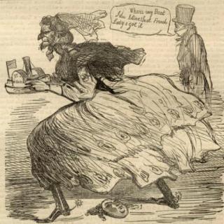 A pencil drawing of a bearded man in a woman's dress runs away with a boat in his hands. A mask and wig lay discarded at his feet. A gentleman in suit and a top hat observes the theft.