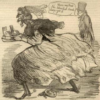 A pencil drawing of a bearded man in a woman's dress runs away with a boat in his hands. A mask and wig lay discarded at his feet. A gentleman in suit and a top hat observes the theft.