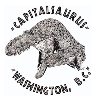 An artists rendition of a "Capitalsaurus" roars alongside a smaller dinosaur of the same species.