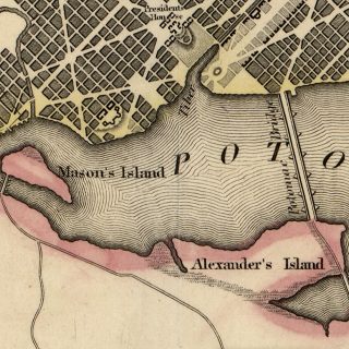 A topographical map from the 1850s showing Alexander's Island as an entity in the Potomac.