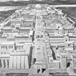A drawing of the Galleries showing eight courtyards flanking a long avenue terminating in a large complex of Greek-style buildings next to the Potomac river