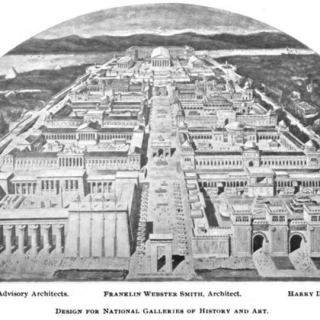 A drawing of the Galleries showing eight courtyards flanking a long avenue terminating in a large complex of Greek-style buildings next to the Potomac river